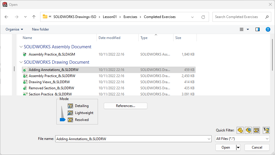 Opening a SLDDRW file inside SolidWorks 2024